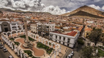 Panoramic view of Potosí main square and Cerro Rico in Bolivia in January.